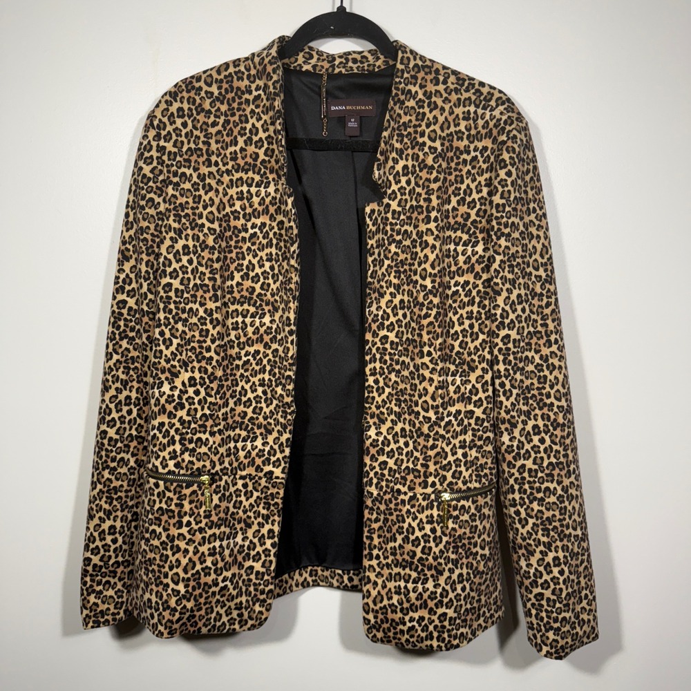 Dana Buchman Women's‎ Leopard Print Blazer Jacket Size 12 Gold Zipper Pockets